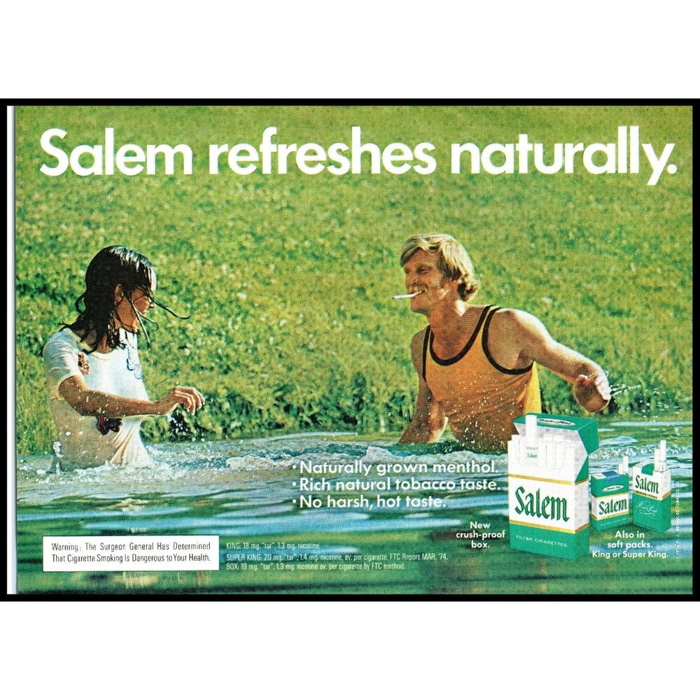 1974 Salem Cigarettes Vintage Print Ad River Splashing Wet T Shirt Wall Art 70s